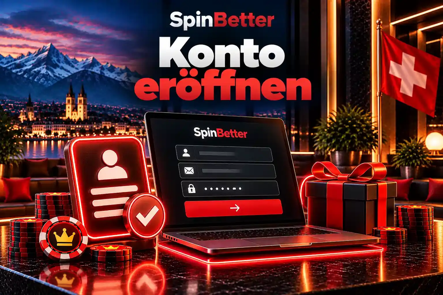 Illustration der Kontoeröffnung am Laptop mit Formular und Häkchen