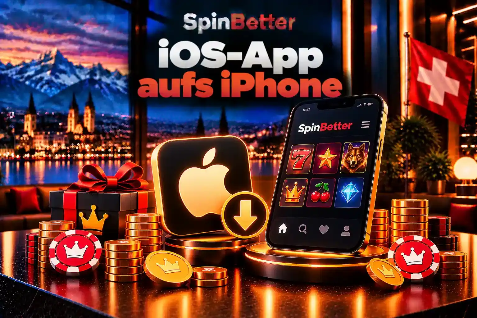 Illustration der iOS-App auf dem iPhone mit Apple-Symbol und Download-Pfeil