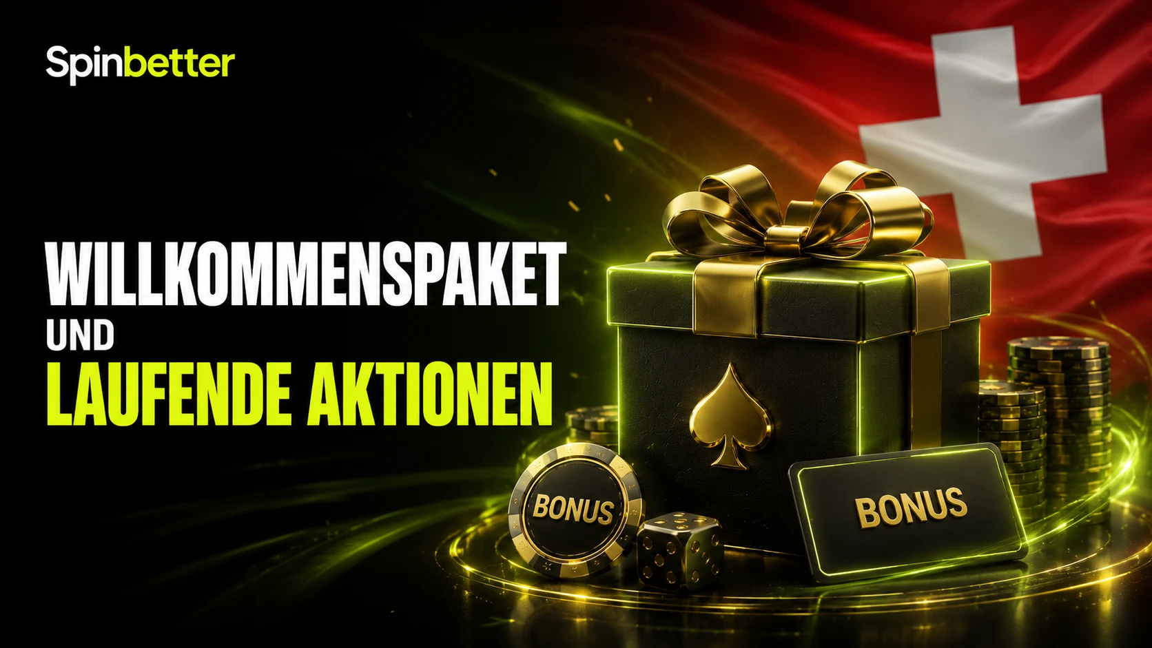 Grafik zum Willkommenspaket und zu laufenden Aktionen mit Geschenkbox, Bonus-Chips und Schweizer Flagge