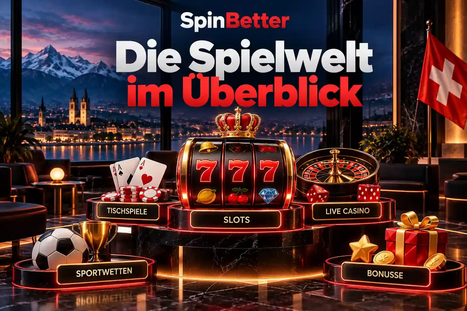 Übersicht der Spielkategorien mit Slots, Live Casino, Tischspielen, Sportwetten und Bonusse