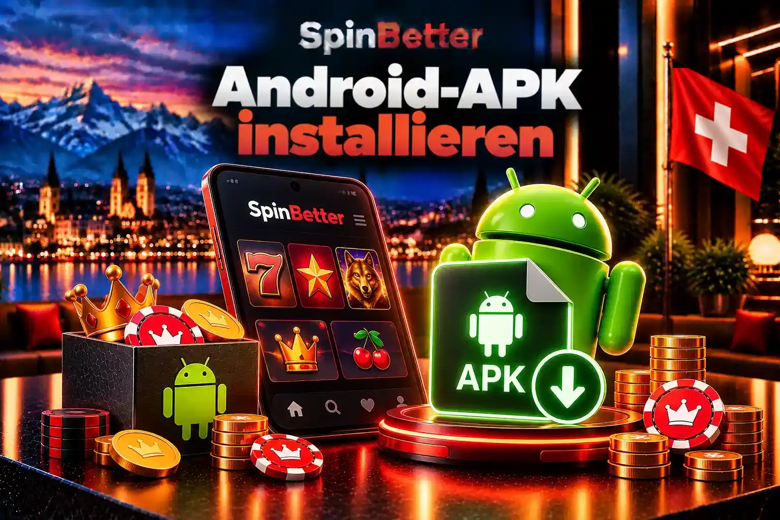 Illustration der Android-APK-Installation mit Smartphone, Android-Figur und Download-Symbol