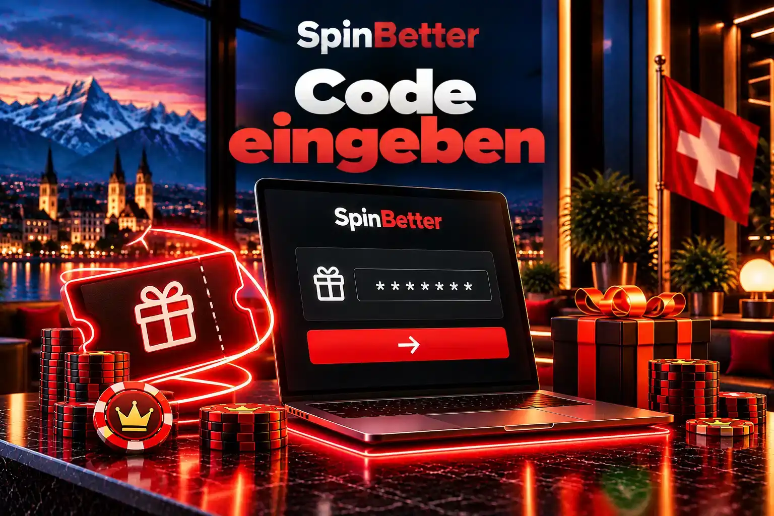 Illustration der Eingabe eines Codes in das Bonusfeld am Laptop mit Geschenkschleife und Casino-Chips