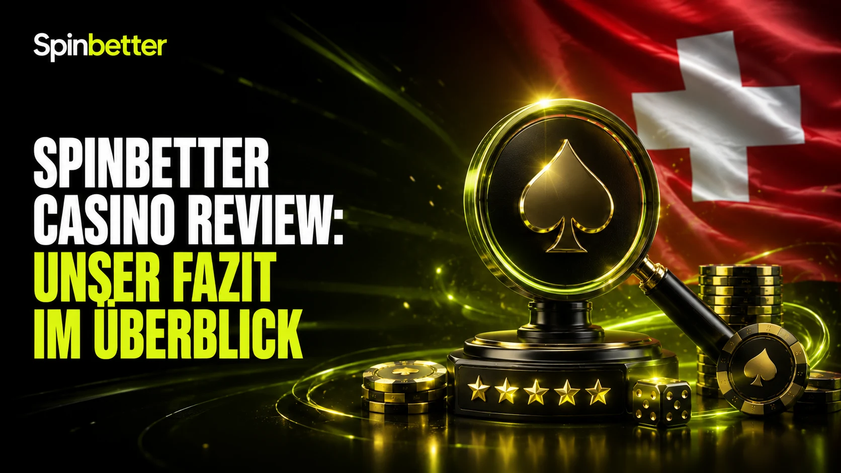 Grafik zum Fazit des Casino-Tests mit Lupe, Pokal und Sternebewertung vor Schweizer Flagge