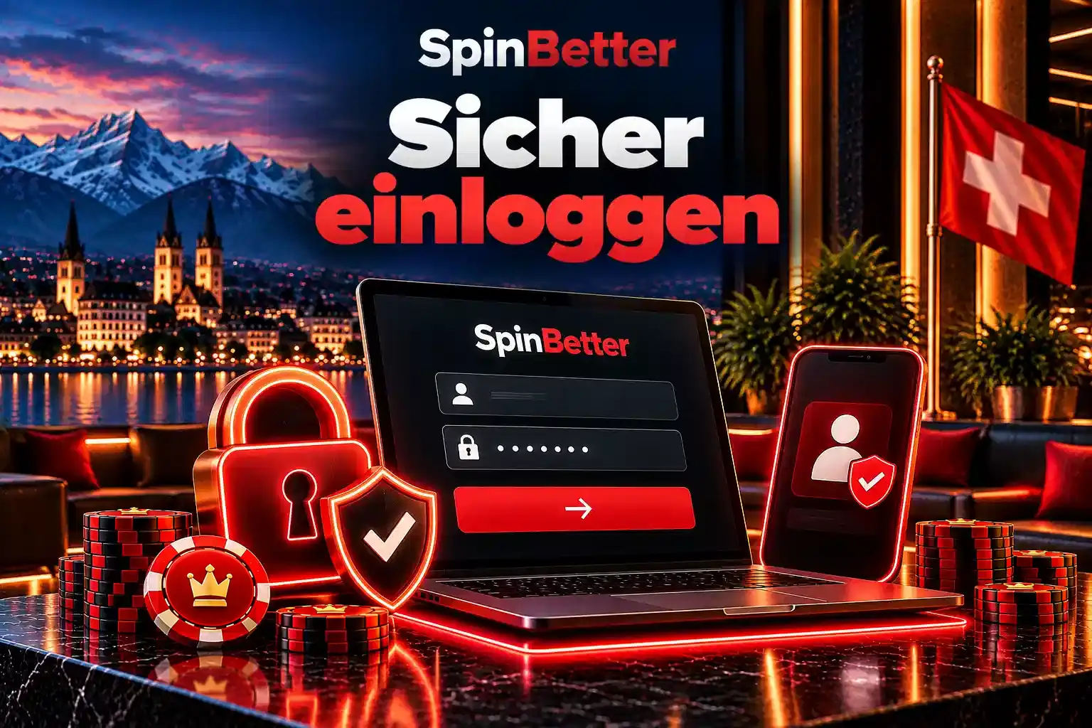 Illustration einer sicheren Anmeldung am Laptop mit Passwortfeld und Schweizer Berglandschaft