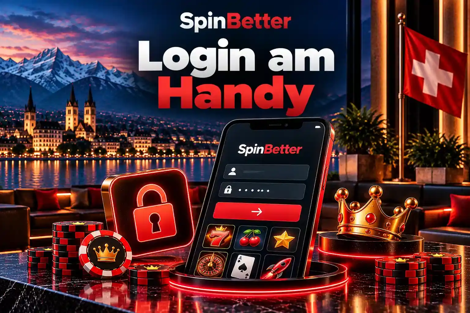 Illustration der Anmeldung am Smartphone mit Eingabefeld und Casino-Symbolen