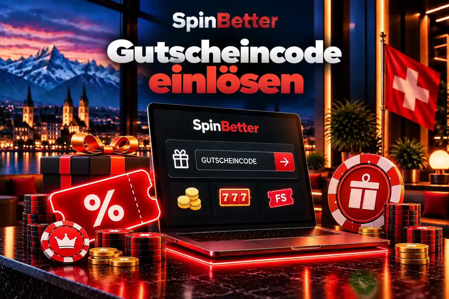 Illustration einer Gutschein-Eingabe am Laptop mit Prozentticket und Casino-Symbolen
